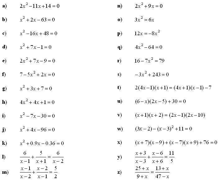 Quadratic equations and inequalities - Exercise 1